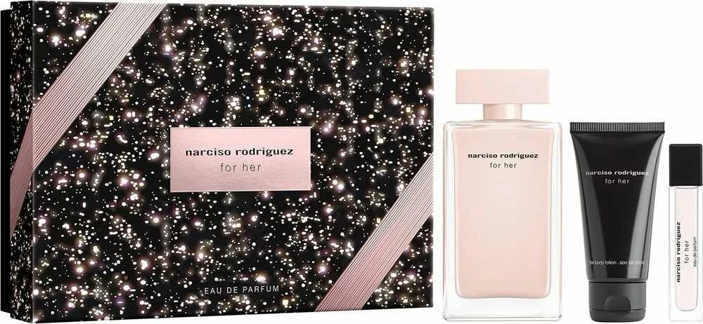 Set Narciso Rodriguez: For Her Eau De Parfum For Women, 100 ml + For Her Hydrating Losjonas kūnui, 50 ml + For Her Eau De Parfum For Women, 10 ml