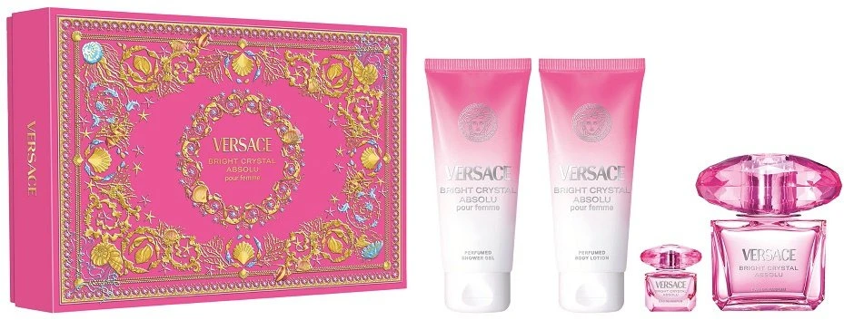 Versace Bright Crystal Absolu komplektas parfuminio vandens purškiklis 90ml + miniatiūrinis parfuminis vanduo 5ml + kūno losjonas 100ml + dušo želė 100ml