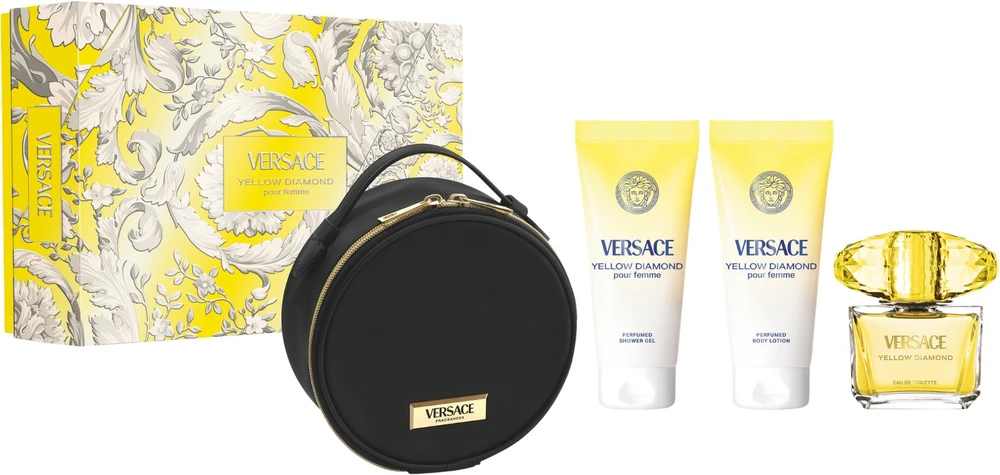 Versace Geltona Diamond rinkinys moterims (EDT, 90 ml + dušo želė, 100 ml + kūno losjonas, 100 ml + kosmetinė)