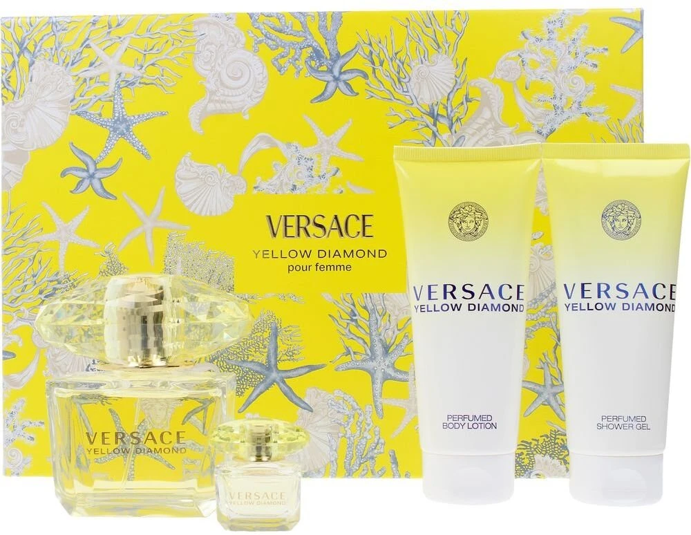 Versace Geltona Diamond rinkinys moterims (EDT, 90 ml + dušo želė, 100 ml + kūno losjonas, 100 ml + kosmetinė)