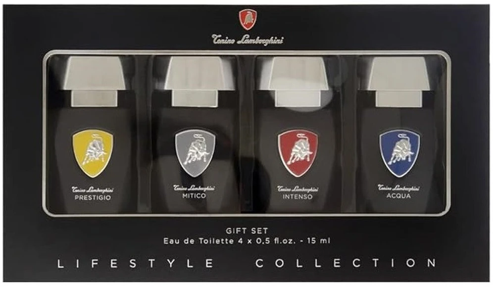 Versace Set Tonino Lamborghini: Prestigio Eau De Parfum For Men, 15 ml + Mitico Eau De Parfum For Men, 15 ml + Intenso Eau De Parfum For Men, 15 ml + Acqua Eau De Parfum For Men, 15 ml