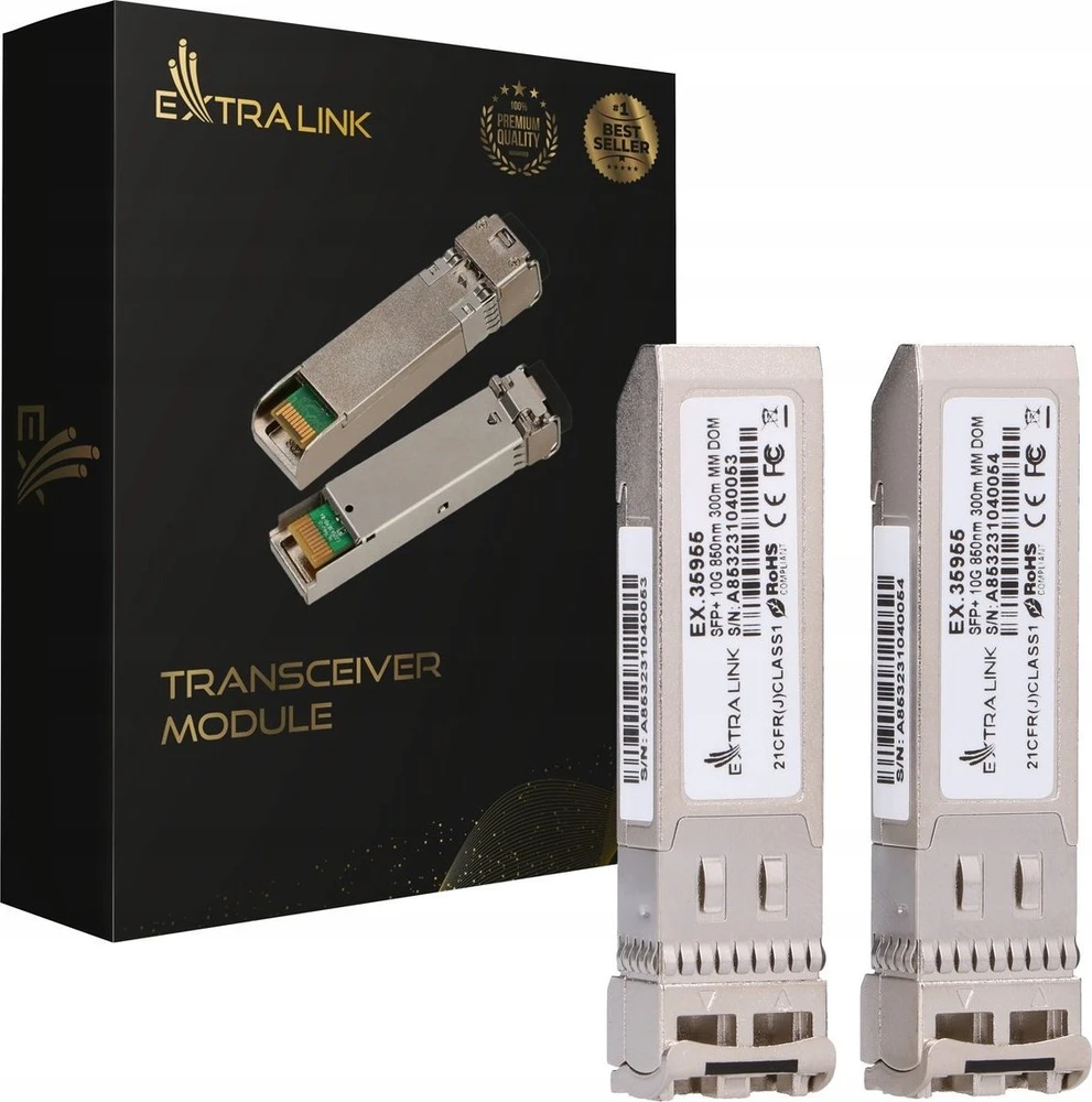 Šakotuvas „Extralink SFP+“ modulis 10G, 2 vnt. pakuotėje, 10 Gbps, LC/UPC, 850 nm, 300 m, daugiamodis, DOM, skirtas HP/Aruba