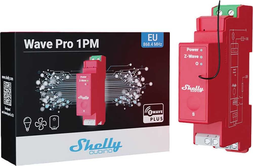 Shelly Qubino Wave Pro 1 profesionalus 1 kanalo DIN bėgio išmanusis jungiklis su energijos matavimu.