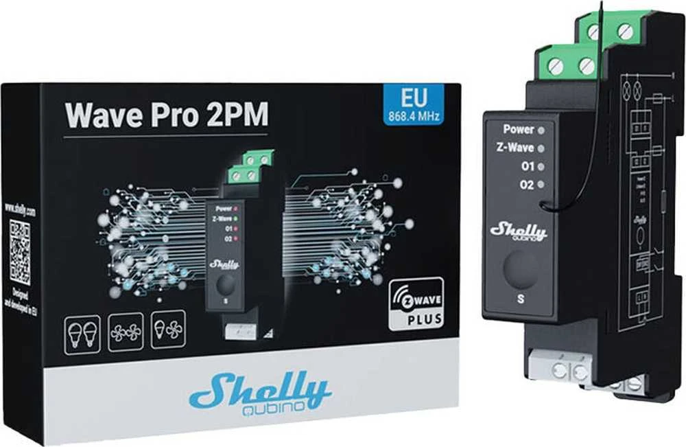 Shelly Qubino Wave Pro 2PM​ profesionalus 2 kanalų DIN bėgio išmanusis jungiklis su energijos matavimu.