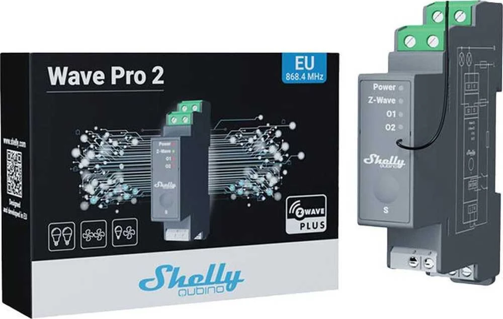 Shelly Qubino Wave Pro 2 profesionalus 2 kanalų DIN bėgio išmanusis jungiklis su sausais kontaktais.