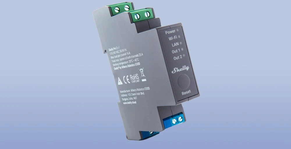 Shelly PRO 2 išmanioji 2 kanalų relė valdoma Wifi LAN ar Bluetooth montuojama ant DIN bėgelio