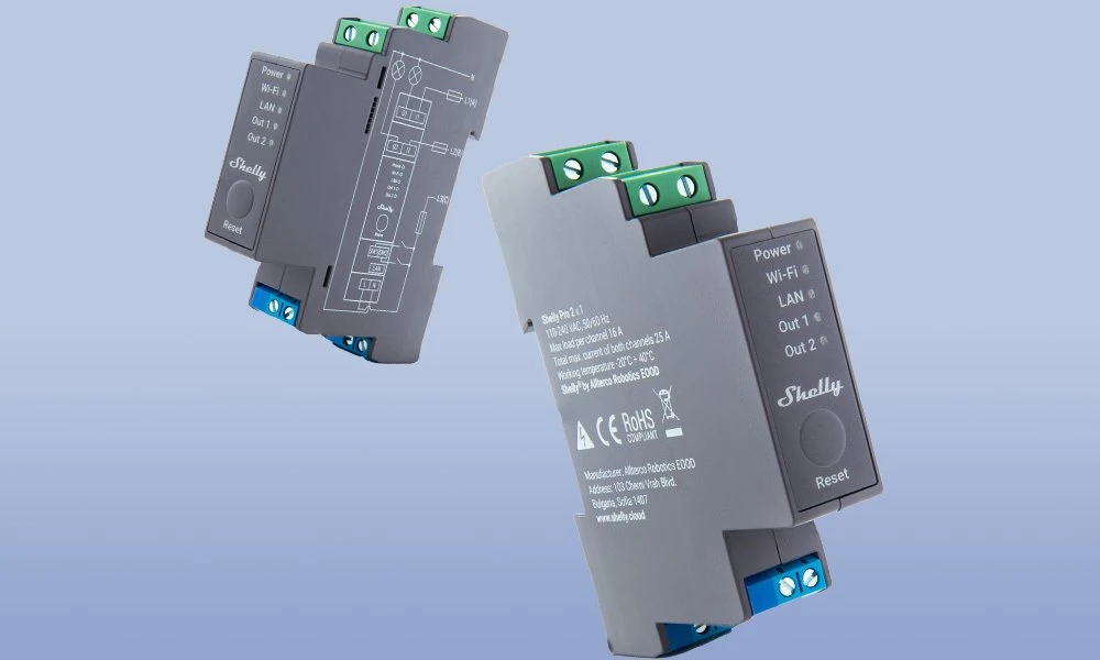 Shelly PRO 2 išmanioji 2 kanalų relė valdoma Wifi LAN ar Bluetooth montuojama ant DIN bėgelio