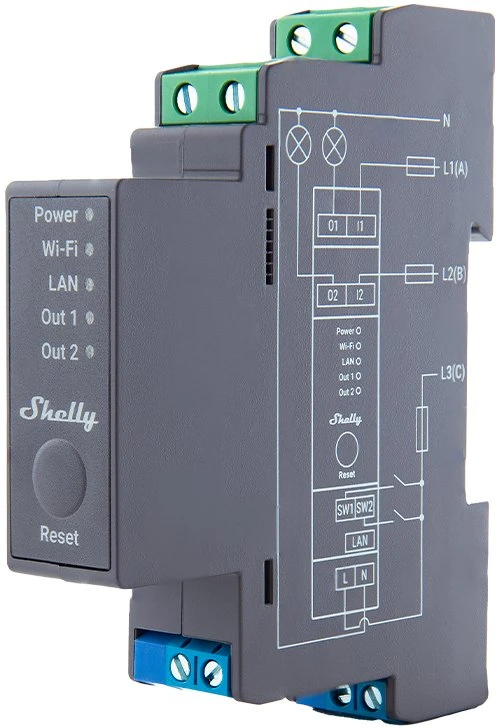 Shelly PRO 2 išmanioji 2 kanalų relė valdoma Wifi LAN ar Bluetooth montuojama ant DIN bėgelio