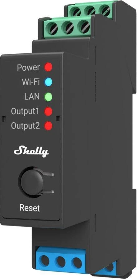 Shelly PRO 2 išmanioji 2 kanalų relė valdoma Wifi LAN ar Bluetooth montuojama ant DIN bėgelio