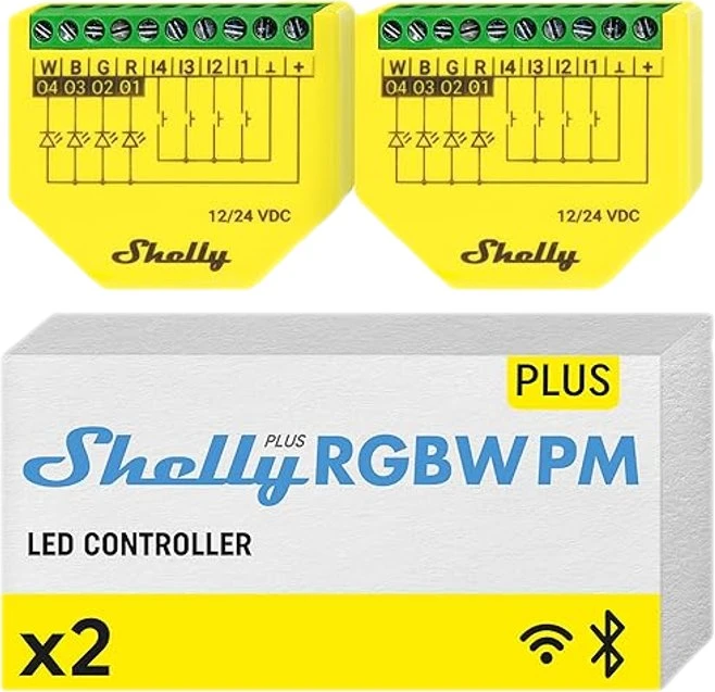 SHELLY Plus RGBW PM Wi-Fi/Bluetooth LED juostų valdiklis, 2 vnt. pakuotėje