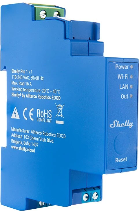 Shelly PRO 1 išmanioji 1 kanalo relė valdoma Wifi LAN ar Bluetooth montuojama ant DIN bėgelio