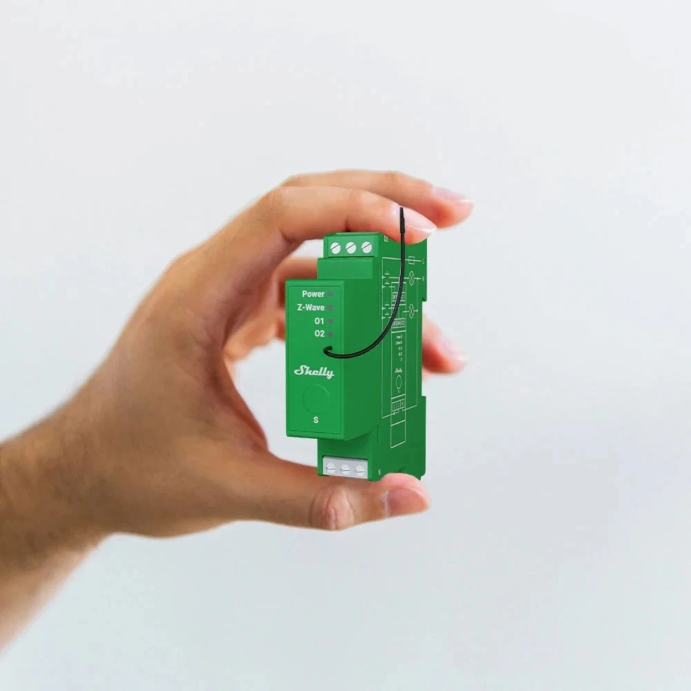 „Shelly Wave Pro Dimmer 2PM“ – belaidis Z-Wave apšvietimo reguliatorius, 2 kanalai, skirtas LED ir halogeninėms lempoms, montuojamas ant DIN bėgelio