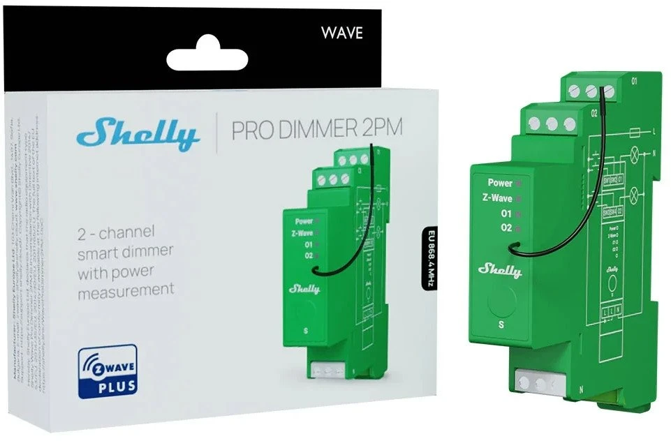 „Shelly Wave Pro Dimmer 2PM“ – belaidis Z-Wave apšvietimo reguliatorius, 2 kanalai, skirtas LED ir halogeninėms lempoms, montuojamas ant DIN bėgelio