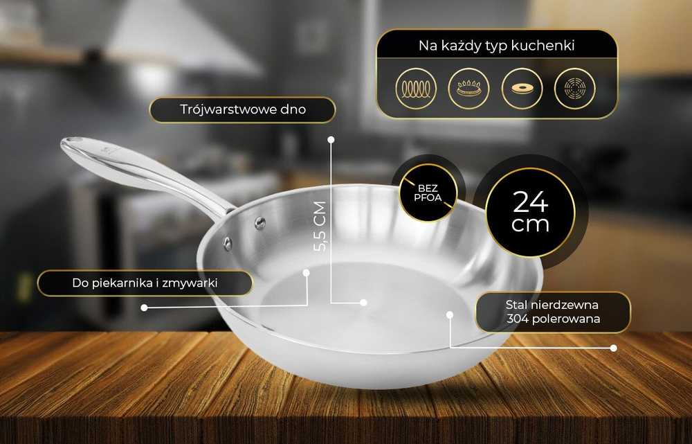 Shiori Nerūdijančio plieno 304 keptuvė be dangos, indukcinė, 24 cm