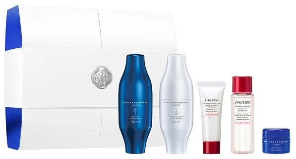 „Shiseido Bio-Performance Skin Filler Deluxe“ kompleksinis veido serumas 2 x 30 ml + veido valomosios putos 15 ml + veido losjonas 30 ml + veido kremas 5 ml