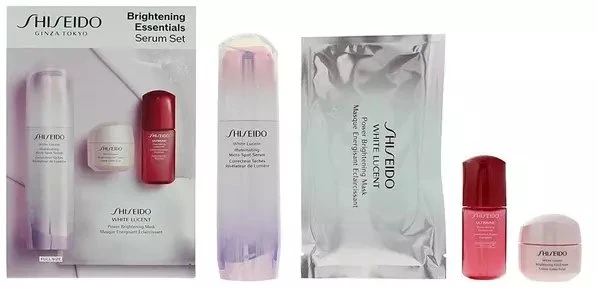 Rinkinys „Shiseido“: „Brightening Essentials“ pigmentą koreguojantis serumas veidui, 50 ml + „Brightening Essentials“ drėkinamasis serumas veidui, 10 ml *Miniatiūrinis + „Brightening Essentials“ drėkinamasis gelis „Kreminis“ veidui ir kaklui, 15 ml + „Brightening Essentials“ drėkinamasis lakštas