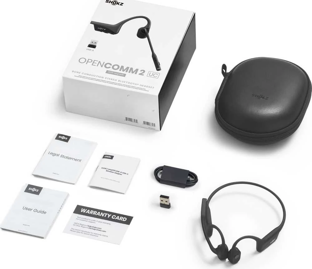 SHOKZ OpenComm2 UC 2025 Upgrade Belaidės Bluetooth Bone Conduction Vaizdo konferencijos Ausinės su USB-C įkrovimo prievadu ir USB-A adapteriu | 16 val. pokalbio laikas, 29 m Belaidės diapazonas, 1 val. įkrovimo laikas | Apima triukšmą slopinantį mikrofoną Boom ir Dongle, Juodas
