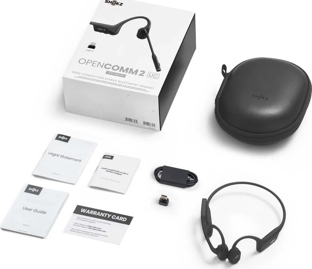 SHOKZ OpenComm2 UC 2025 Upgrade Belaidės Bluetooth Bone Conduction Vaizdo konferencijos Ausinės su USB-C įkrovimo prievadu ir USB-C adapteriu | 16 val. pokalbio laikas, 29 m Belaidės diapazonas, 1 val. įkrovimo laikas | Apima triukšmą slopinantį mikrofoną Boom ir Dongle, Juodas