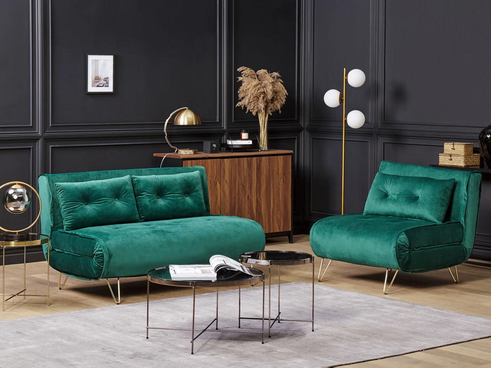 Beliani Dvivietė išskleidžiama sofa VESTFOLD, veliūras, tamsiai žalia