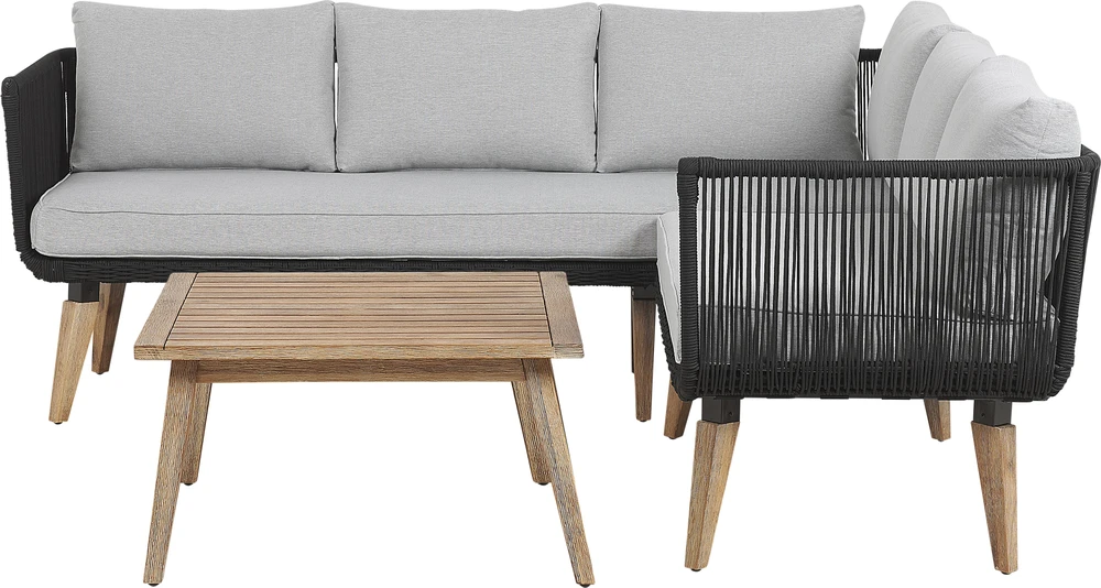 Lauko baldų komplektas Beliani Sodo kampinė sofa su stalu 5 asmenims ALCAMO kairinė, juoda, akacijos mediena