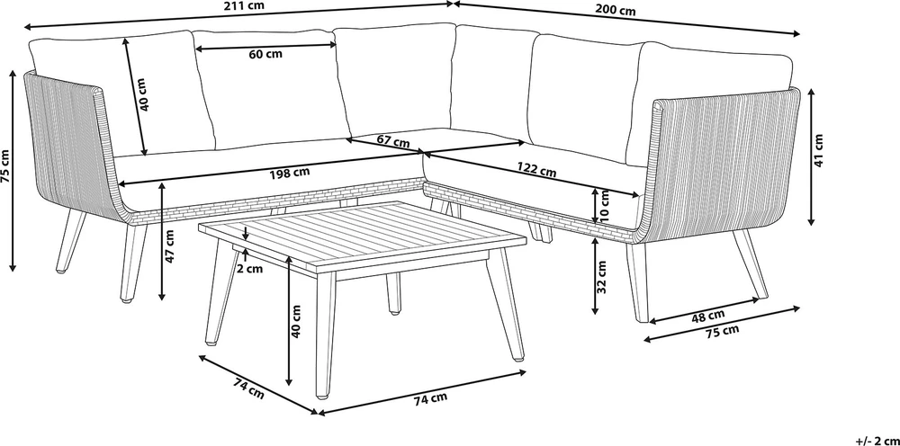 Lauko baldų komplektas Beliani Sodo kampinė sofa su stalu 5 asmenims ALCAMO kairinė, juoda, akacijos mediena