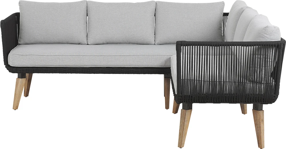 Lauko baldų komplektas Beliani Sodo kampinė sofa su stalu 5 asmenims ALCAMO kairinė, juoda, akacijos mediena