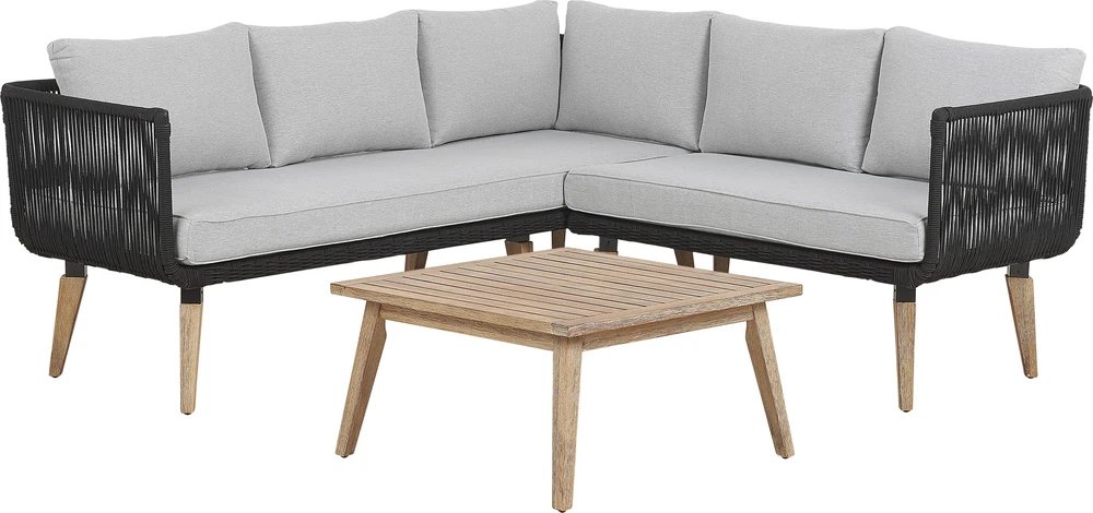Lauko baldų komplektas Beliani Sodo kampinė sofa su stalu 5 asmenims ALCAMO kairinė, juoda, akacijos mediena