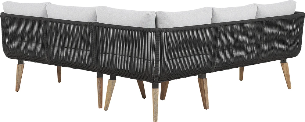 Lauko baldų komplektas Beliani Sodo kampinė sofa su stalu 5 asmenims ALCAMO kairinė, juoda, akacijos mediena
