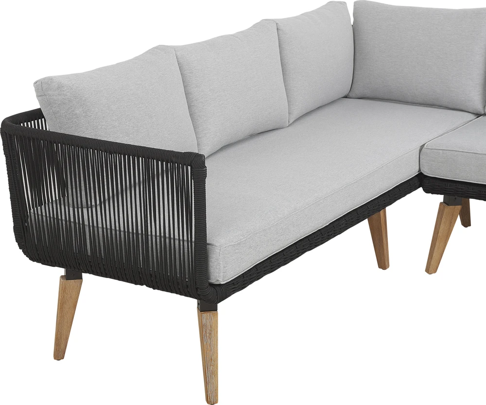 Lauko baldų komplektas Beliani Sodo kampinė sofa su stalu 5 asmenims ALCAMO kairinė, juoda, akacijos mediena