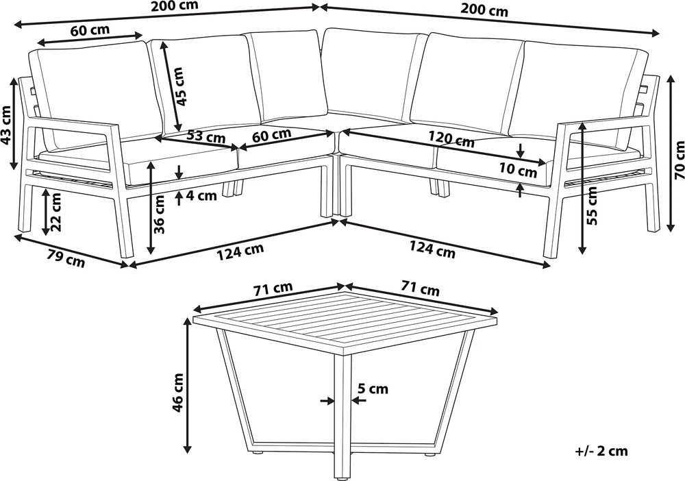 Lauko baldų komplektas Beliani Sodo kampinė sofa su staliuku 5 asmenims VIZZINI, pilka, metalinė