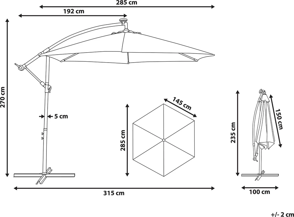 Beliani Konsolinis sodo skėtis su LED CORVAL 285 cm, pilkas