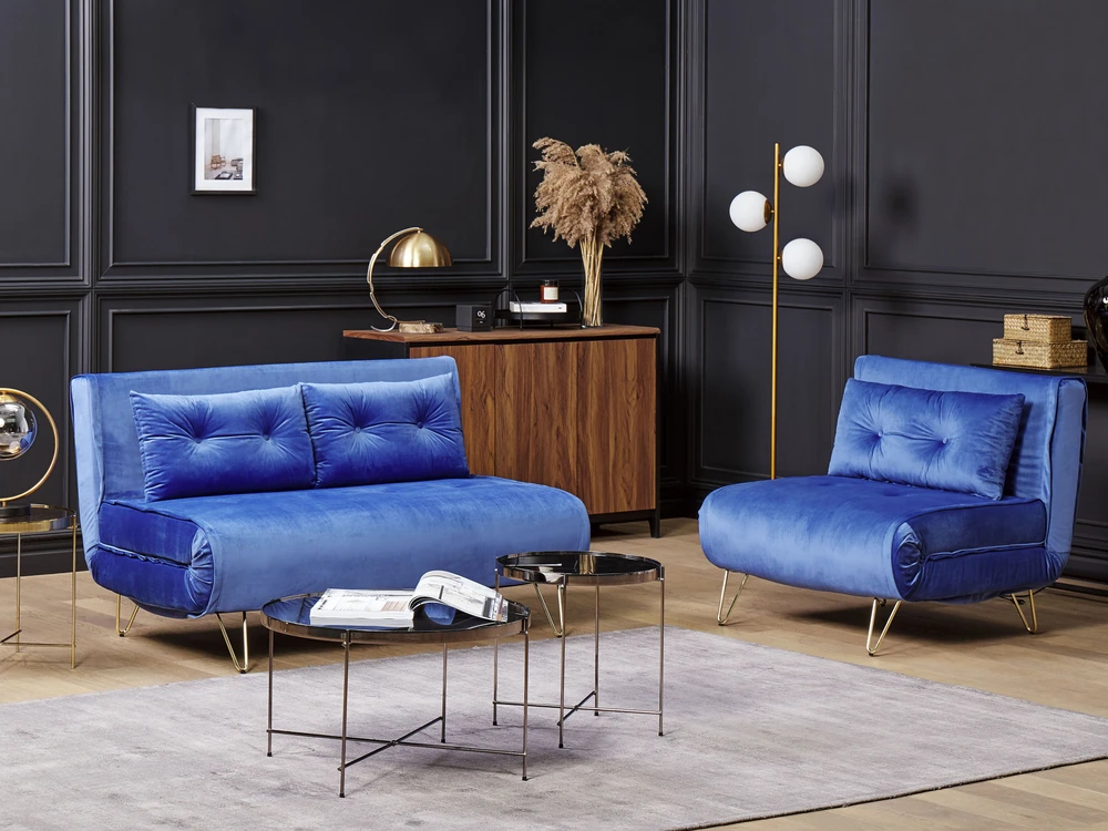 Beliani Viengulė išskleidžiama sofa VESTFOLD, veliūras, tamsiai mėlyna