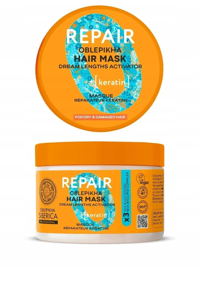 Siberica Professional Natura Siberica Oblepikha atkuriamoji plaukų kaukė sausiems ir pažeistiems plaukams, 300 ml