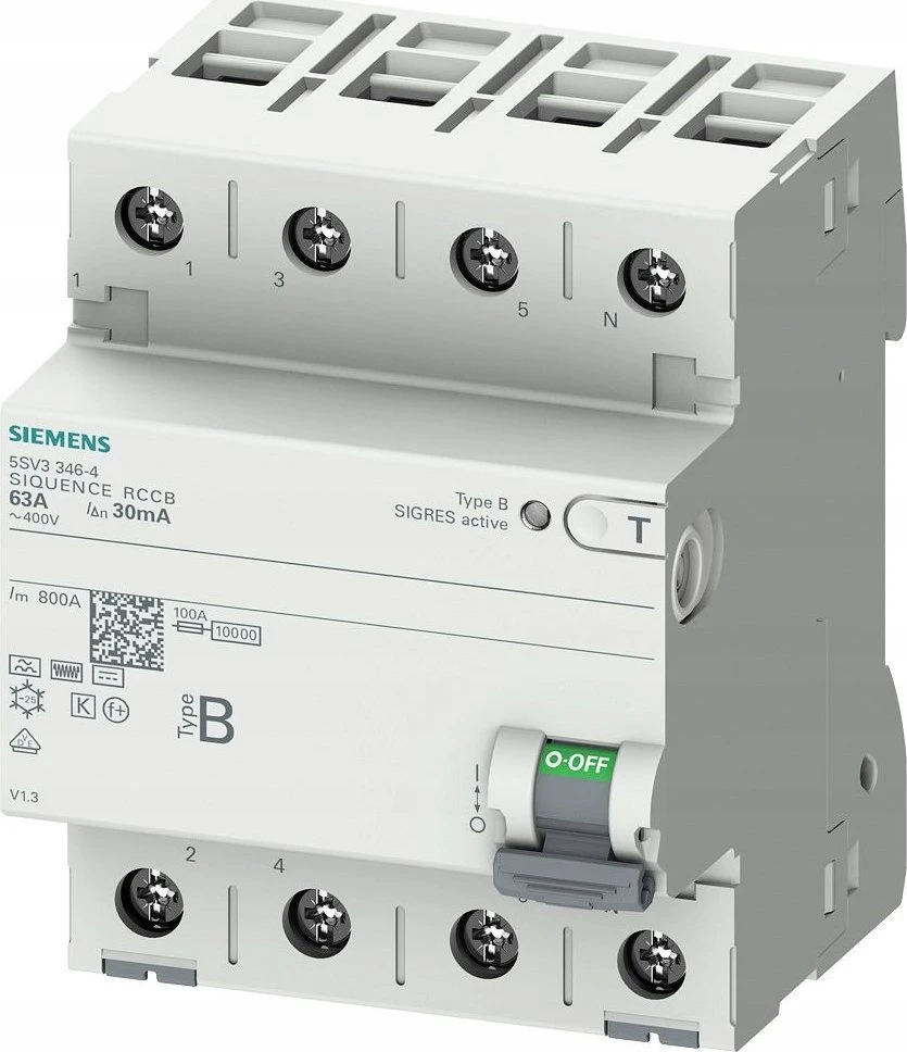 Siemens 3P+N B tipo liekamosios srovės grandinės pertraukiklis 63A 30mA 400V AC 5SV3346-4