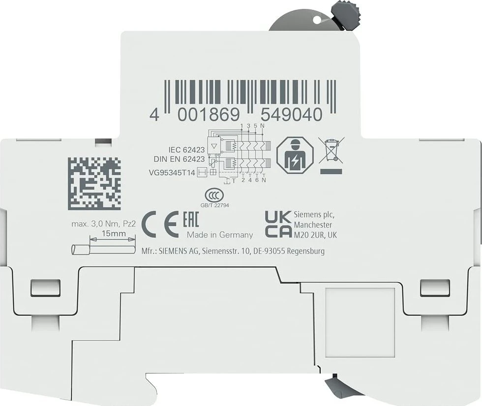 Siemens 3P+N B tipo liekamosios srovės grandinės pertraukiklis 63A 30mA 400V AC 5SV3346-4