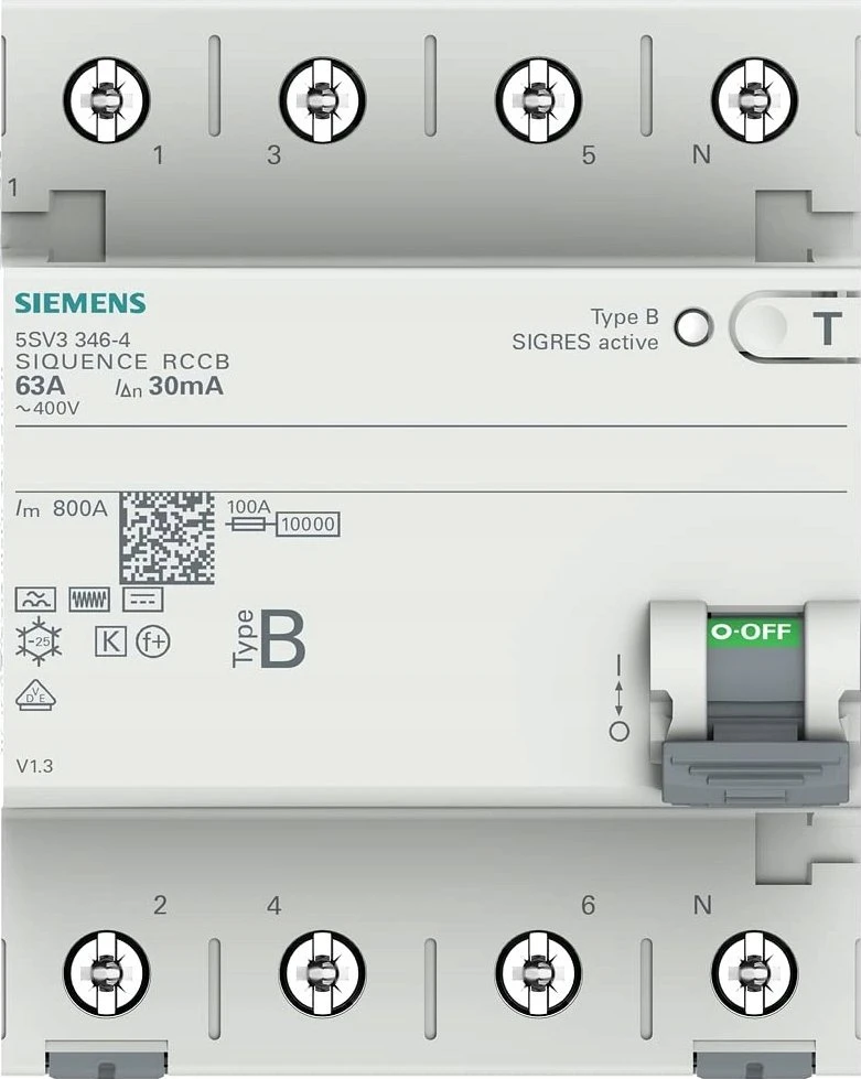 Siemens 3P+N B tipo liekamosios srovės grandinės pertraukiklis 63A 30mA 400V AC 5SV3346-4