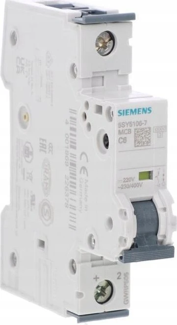 Siemens 5SY5106-7 Grandinės pertraukiklis 1P C 6A 10kA 220V DC 230V AC SENTRON 5SY5106-7