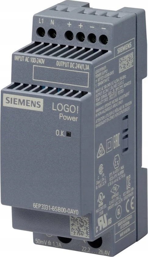 Siemens Impulsinis maitinimo šaltinis LANGO POWER 24V 1.3A įvestis: 100-240VAC išėjimas: 24VDC 1.3A 6EP311- 6SB00-0AY0