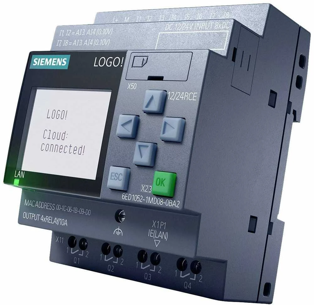 „Siemens LOGO! 24CE“, loginis modulis, ekranas, PU/I/O: 24V/24V/24V tranzistorius, 8DI (4AI)/4DO