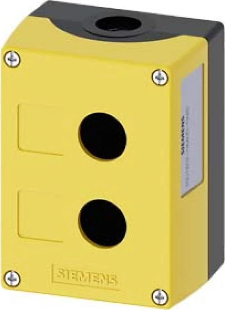 Siemens Valdymo korpusas 22 mm apvaliems aparatams, plastikas, geltona, 2 valdymo taškai, iš plastiko 3SU1802-0AA00-0AB2
