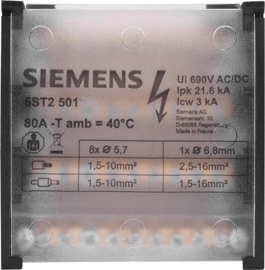 Siemens 5ST2501 Paskirstymo blokas 80A 4P 500V 1x6-16mm2 + 8x4-10mm2 DIN 5ST2501