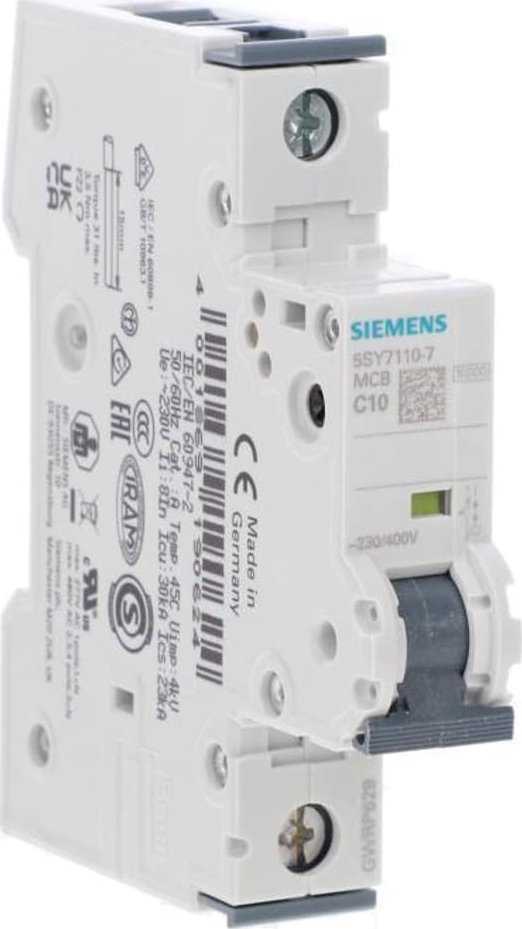Siemens 5SY7110-7 Grandinės pertraukiklis C10A 1P 230/400V 15kA (pagal IEC 60898) / 30kA (pagal IEC 60947) 5SY7110-7