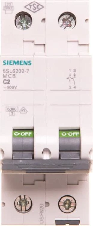 Siemens 5SL6202-7 grandinės pertraukiklis 2P C 2A 6kA AC 5SL6202-7