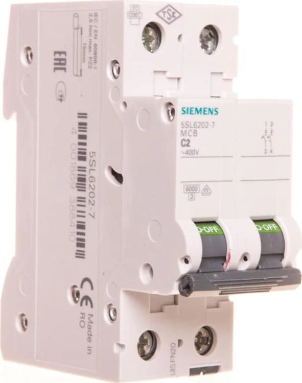 Siemens 5SL6202-7 grandinės pertraukiklis 2P C 2A 6kA AC 5SL6202-7