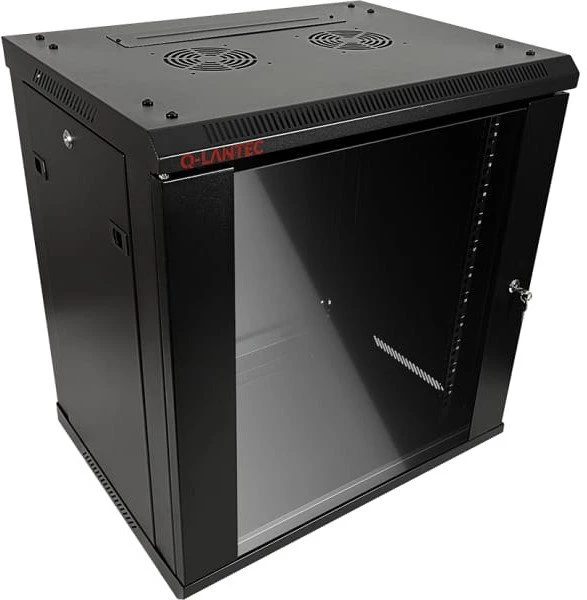 Pakabinama lentyna 19" 9U 600x450, (dvigubos sekcijos variantas) vienos varčios stiklinės durys, nuimamas pilnas galinis dangtis, nuimami pilnai šoniniai dangčiai, rakinamas, 4 sijos, spalva juoda, ALANTEC