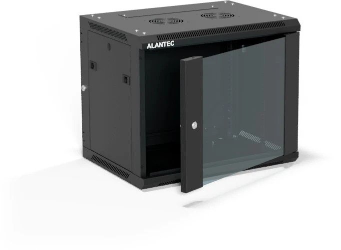 Pakabinama lentyna 19" 9U 600x450, (dvigubos sekcijos variantas) vienos varčios stiklinės durys, nuimamas pilnas galinis dangtis, nuimami pilnai šoniniai dangčiai, rakinamas, 4 sijos, spalva juoda, ALANTEC