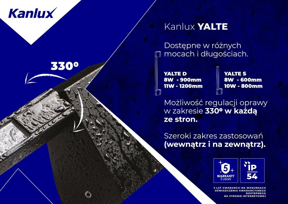 Sieninis šviestuvas Kanlux LED linijinis fasadinis šviestuvas YALTE D 09 8W NW-B 350lm 4000K neutrali spalva IP54 reguliuojamas kampas 330 laipsnių juodas 38894