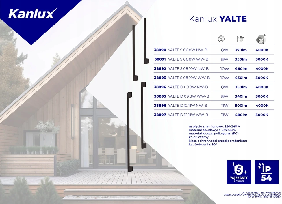 Sieninis šviestuvas Kanlux LED linijinis fasadinis šviestuvas YALTE D 09 8W NW-B 350lm 4000K neutrali spalva IP54 reguliuojamas kampas 330 laipsnių juodas 38894