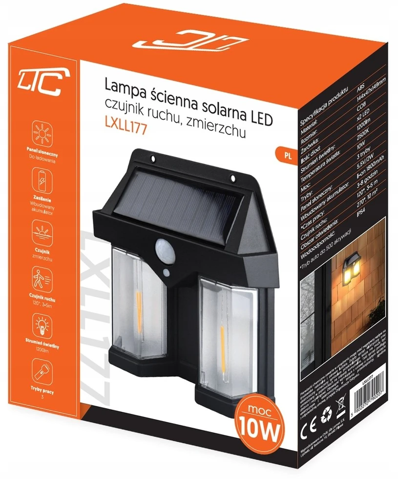 Sieninis šviestuvas LTC Lampa sieninė saulės energijos LED COB 10W 1200lm, judesio jutiklis, nuo sutemų, akumuliatorius 1800mAh IP54 (ABS)