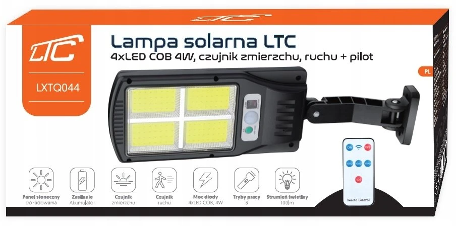 Sieninis šviestuvas Kinkiet LTC Lampa solarna LTC 4x LED COB,4W su judesio jutikliu,zmierzchu , pilot su akumulatorem 1200mAh